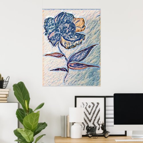 Blue Tile Texture Flower Painting Poster