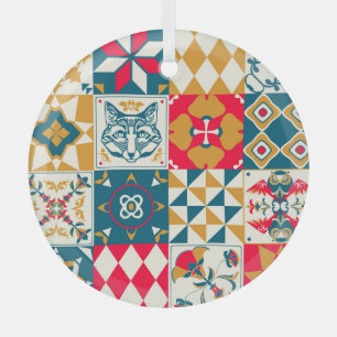 Blue Tile: Vintage Mosaic Background. Glass Ornament