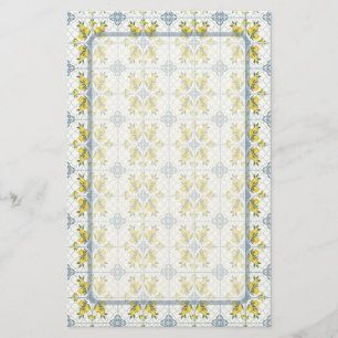 Blue Tile Watercolor French Country Lemon Pattern Stationery