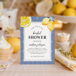 Blue Tile Watercolor Italian Lemons Bridal Shower Invitation