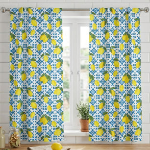 Blue Tile Yellow Lemon Watercolor Blackout Curtains