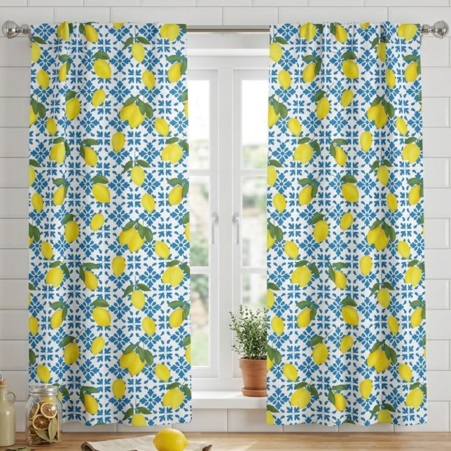 Blue Tile Yellow Lemon Watercolor Blackout Curtains (Creator Uploaded)