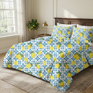 Blue Tile Yellow Lemon Watercolor Duvet Cover