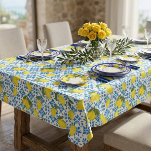 Blue Tile Yellow Lemon Watercolor Tablecloth