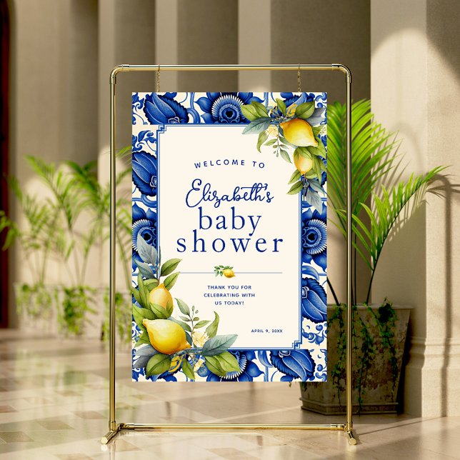 Blue Tile Yellow Lemons Baby Shower Welcome Foam Board (Creator Uploaded)