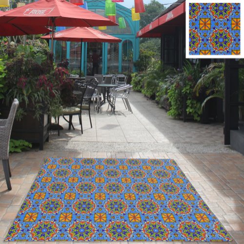 Blue Tiled Patio  Wall _ Decorative North African Outdoor Rug