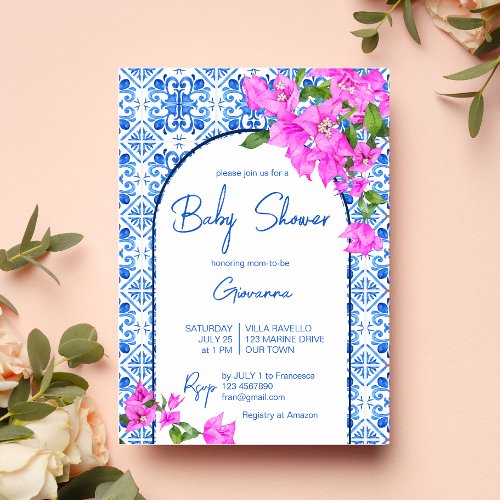 Blue Tiles and Bougainvillea elegant Baby Shower Invitation