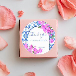 Blue Tiles and Bougainvillea elegant thank you Classic Round Sticker