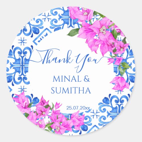 Blue Tiles and Bougainvillea elegant thank you Classic Round Sticker