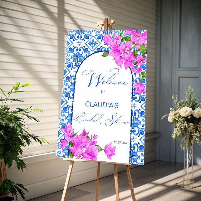 Blue Tiles and Bougainvillea elegant welcome sign (Blue Tiles and Bougainvillea Mediterranean Italian Greek bridal shower elegant welcome sign board)