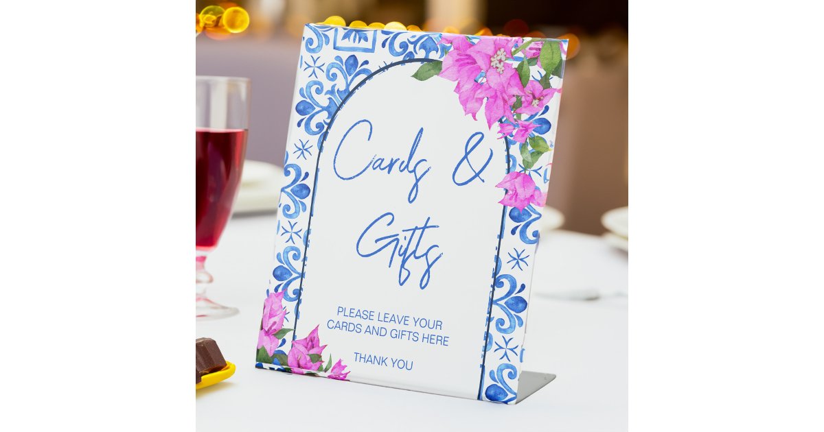 Blue Tiles and Bougainvillea Mediterranean gifts Pedestal Sign