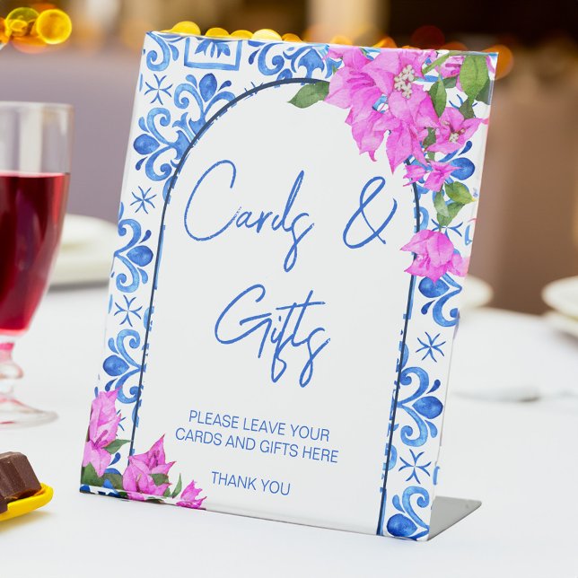 Blue Tiles and Bougainvillea Mediterranean gifts Pedestal Sign (Blue Tiles and Bougainvillea Mediterranean bridal shower wedding gifts table Pedestal Sign)