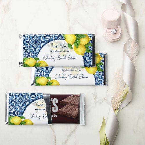 Blue tiles and lemon Amalfi bridal shower favors Hershey Bar Favors