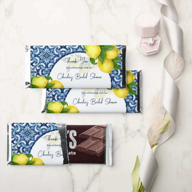 Blue tiles and lemon Amalfi bridal shower favors Hershey Bar Favors (Front)