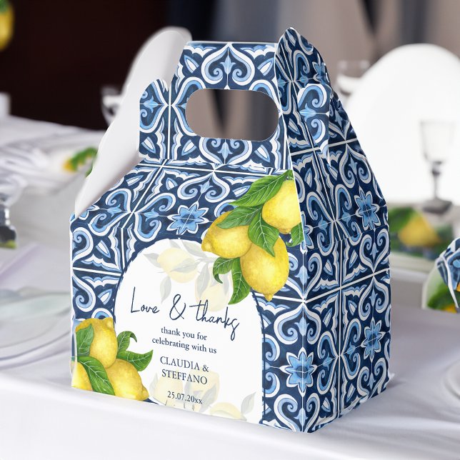 Blue tiles and lemon Amalfi  Italian wedding thank Favor Boxes (Blue tiles and lemon Amalfi Italian wedding thank you Favor Box)