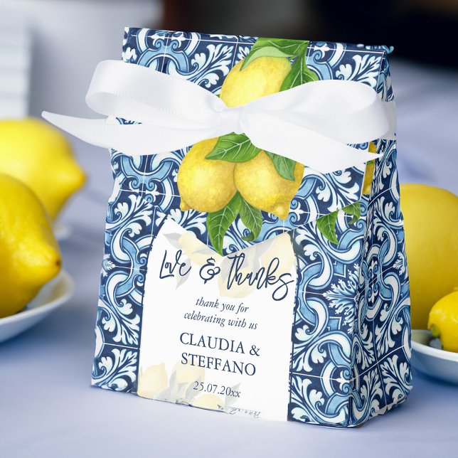 Blue tiles and lemon Amalfi Italian wedding thank Favor Boxes (Blue tiles and lemon Amalfi Italian wedding thank you Favor Box)