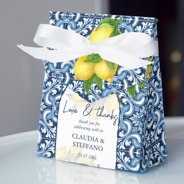 Blue tiles and lemon Amalfi Italian wedding thank Favor Boxes (Blue tiles and lemon Amalfi Italian wedding thank Favor Box)