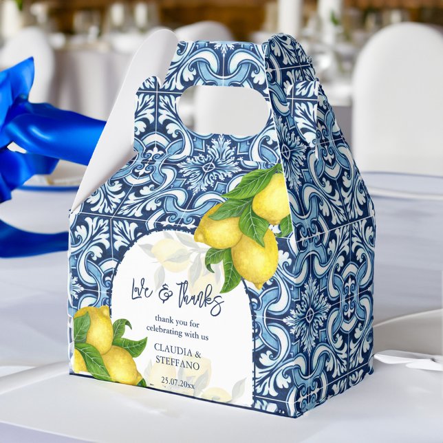 Blue tiles and lemon Amalfi  Italian wedding thank Favor Boxes (Blue tiles and lemon Amalfi Italian wedding thank Favor Box personalized wedding favor box)