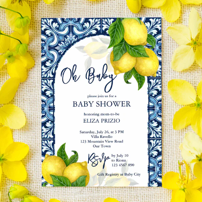 Blue tiles and lemon Amalfi Positano baby shower Invitation | Zazzle