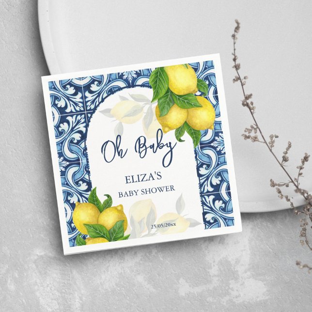 Blue tiles and lemon Amalfi Positano baby shower Napkins (Blue tiles and lemons Amalfi Positano baby shower template Napkins Mediterranean themed personalized)