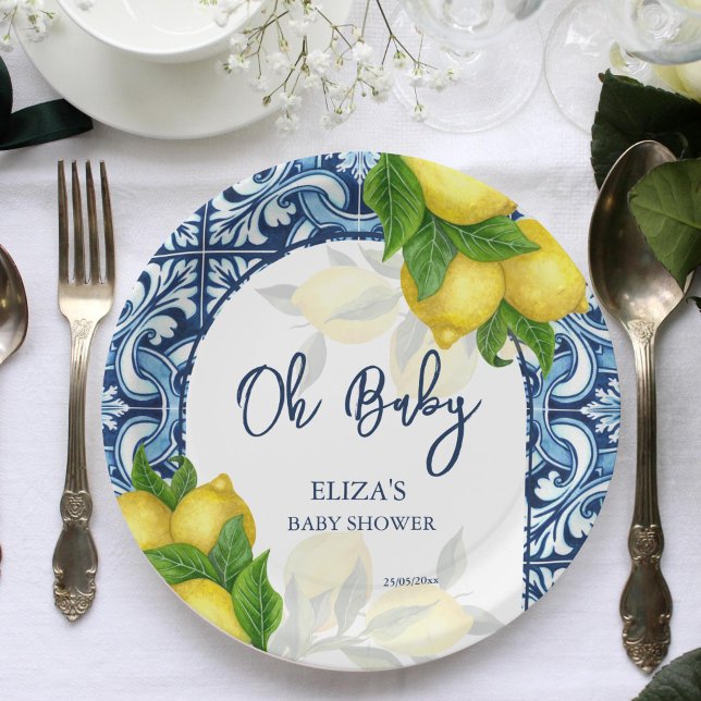 Blue tiles and lemon Amalfi Positano baby shower Paper Plates (Blue tiles and lemon Amalfi Positano Mediterranean baby shower template Paper Plates personalized)