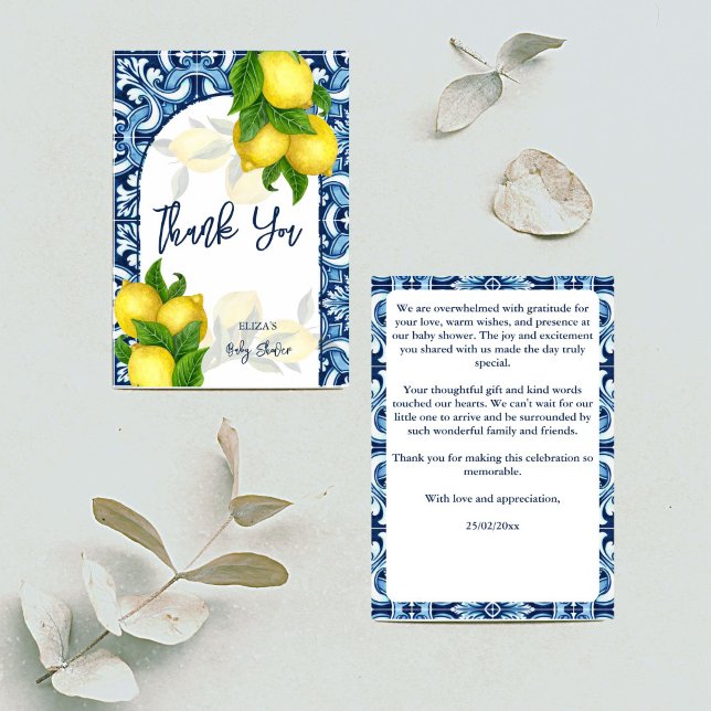 Blue tiles and lemon Amalfi Positano baby shower Thank You Card (Blue tiles and lemon Amalfi Positano baby shower Thank You Card Mediterranean themed thank you cards)
