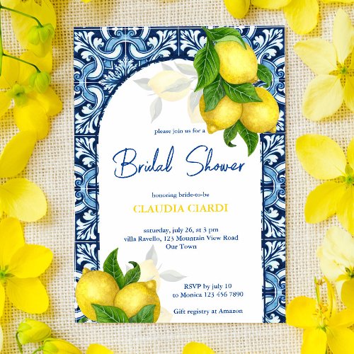 Blue tiles and lemon Amalfi Positano bridal shower Invitation