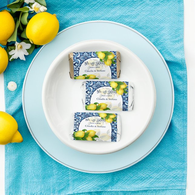 Blue tiles and lemon Amalfi Positano wedding favor (wedding candy favors Blue tiles and lemon Amalfi Positano wedding edible favors personalized hershey)