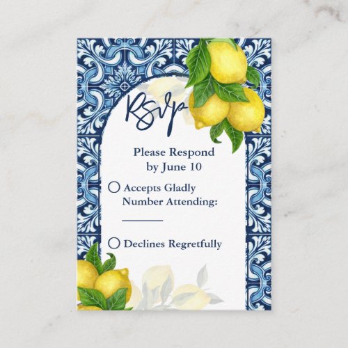 Blue tiles and lemon Amalfi Positano wedding RSVP Enclosure Card