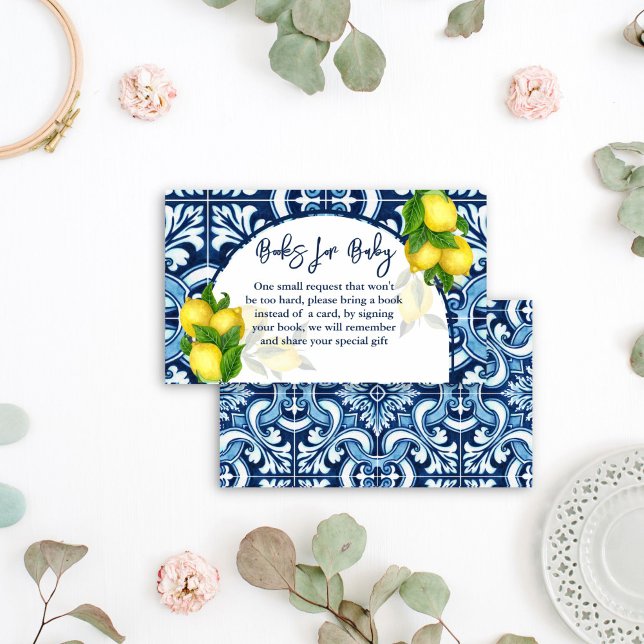 Blue tiles and lemon baby shower books request enclosure card (Blue tiles and lemon baby shower books request enclosure card Amalfi Positano Italian baby shower)