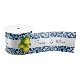 Blue tiles and lemon personalized name gift satin ribbon