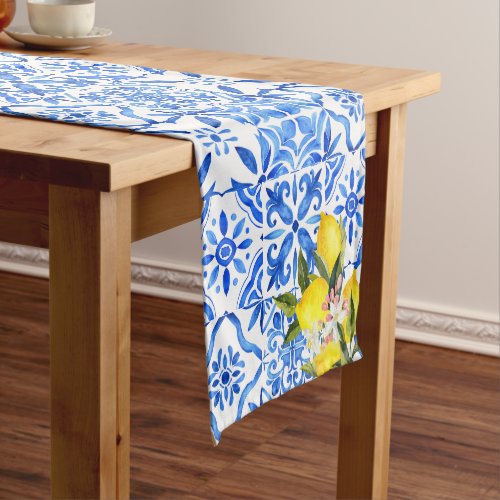 Blue tiles and lemons Amalfi Mediterranean style Short Table Runner