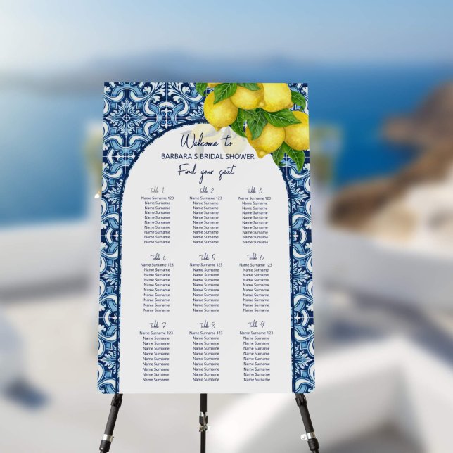 Blue tiles and lemons Amalfi Positano themed Foam Board (Blue tiles and lemons Amalfi Positno Italian Mediterranean themed bridal shower seating chart)