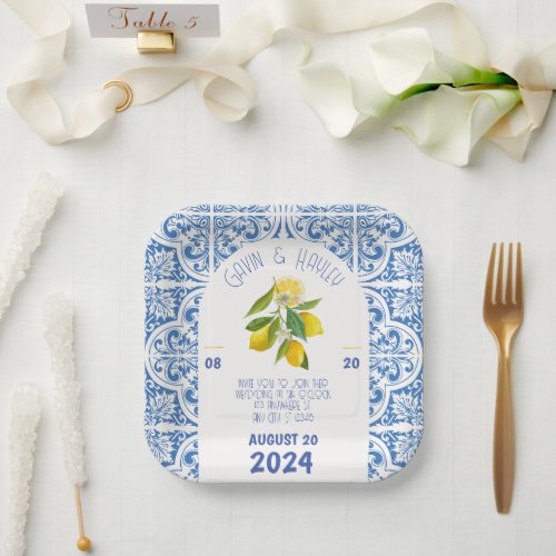 Blue Tiles and Lemons Portugal Wedding Paper Plate