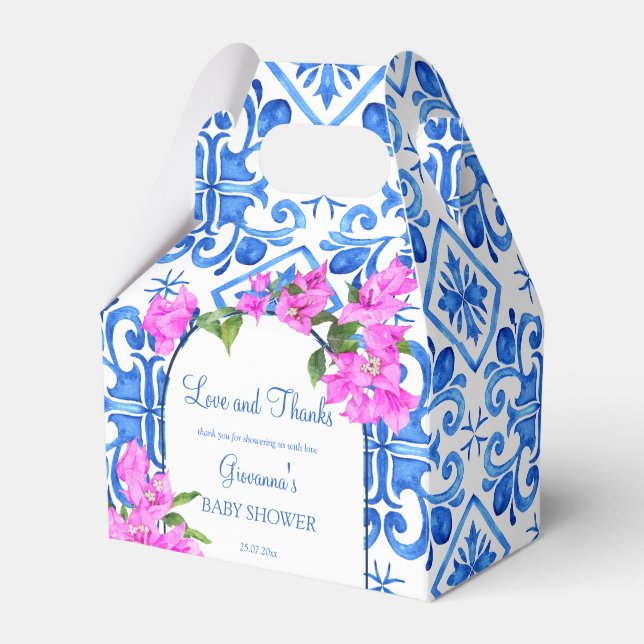 Blue tiles Bougainvillea baby shower custom Favor Boxes (Front Side)
