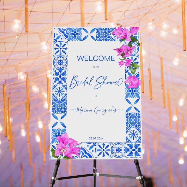 Blue Tiles Bougainvillea bridal shower welcome sig Foam Board (Blue tiles Mediterranean themed bridal shower welcome sign)