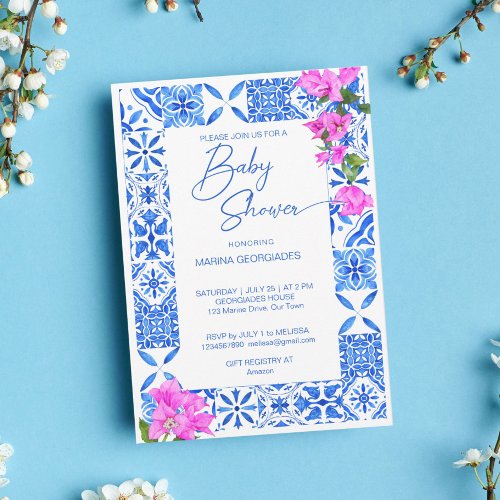 Blue Tiles Bougainvillea elegant baby shower Invitation