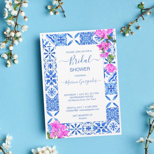 Blue Tiles Bougainvillea elegant bridal shower Invitation