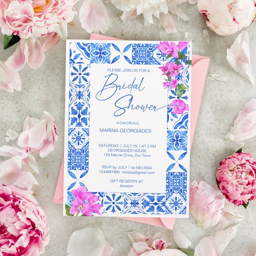 Blue Tiles Bougainvillea elegant bridal shower Invitation