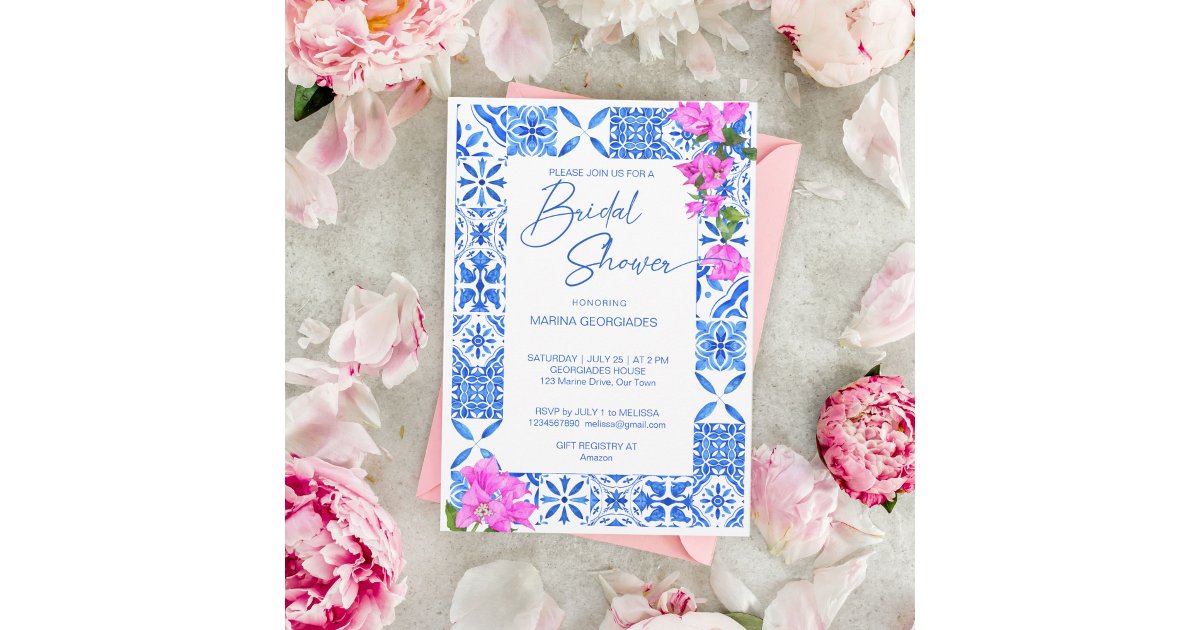 Blue Tiles Bougainvillea elegant bridal shower Invitation