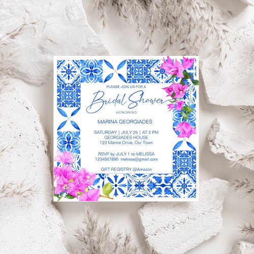Blue Tiles Bougainvillea elegant bridal shower Invitation