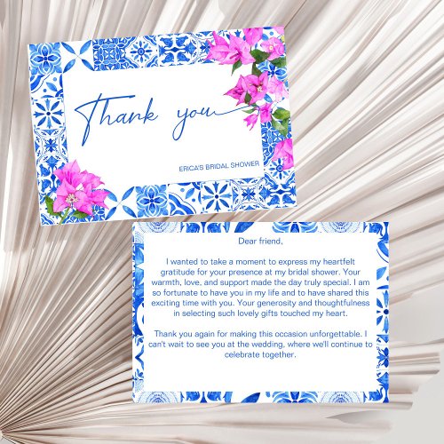 Blue Tiles Bougainvillea elegant bridal shower Thank You Card