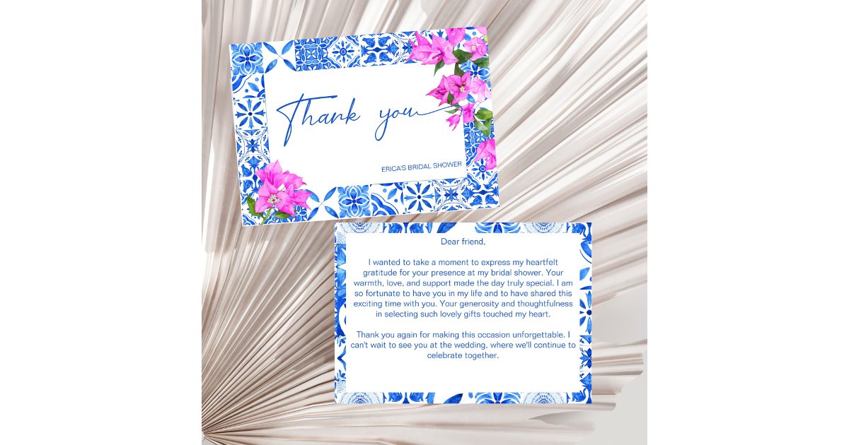 Blue Tiles Bougainvillea elegant bridal shower Thank You Card