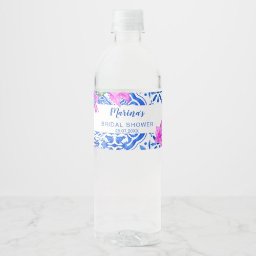 Blue Tiles Bougainvillea elegant bridal shower Water Bottle Label