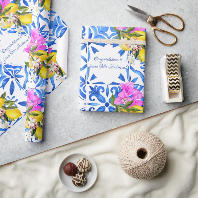 Blue Tiles Bougainvillea elegant personalized Wrapping Paper (Crafts)