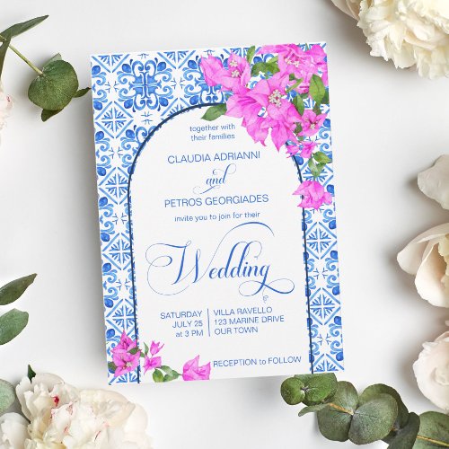 Blue Tiles Bougainvillea elegant wedding  Invitation