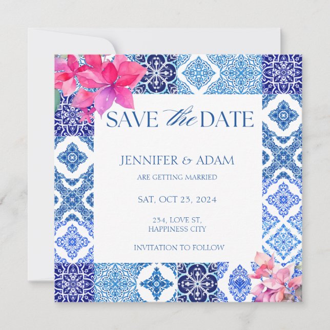 Blue Tiles Bougainvillea Floral Save the Date Invitation (Front)