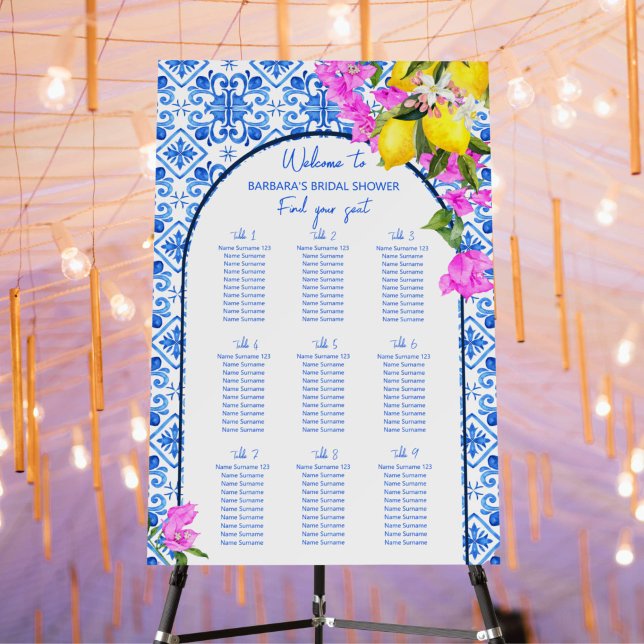 Blue Tiles Bougainvillea lemons elegant  Foam Board (Blue tiles bougainvillea lemons Mediterranean themed bridal shower seating chart Amalfi Positano )