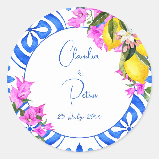 Blue Tiles Bougainvillea lemons elegant wedding  Classic Round Sticker (Front)