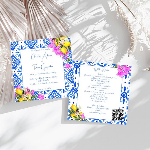 Blue Tiles Bougainvillea lemons elegant wedding  Invitation